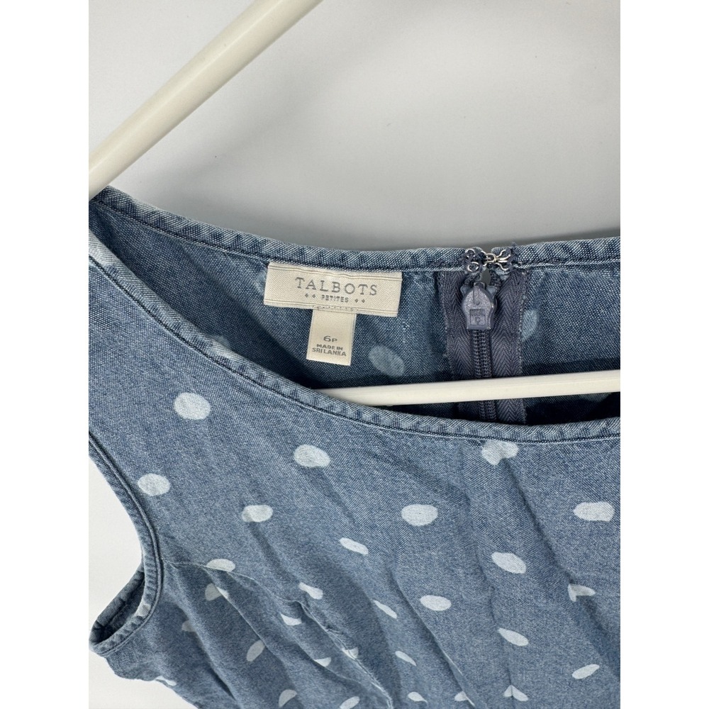 Talbots Blue Polka Dot Denim Cotton Sleeveless Fit Flare Pocket Dress 6P Petite - Picture 2 of 6